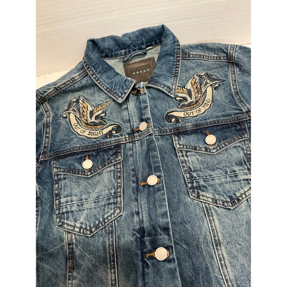 BLANKNYC Denim Jacket Embroidered Birds Out of Sight Out‎ of Mind Blue Size S